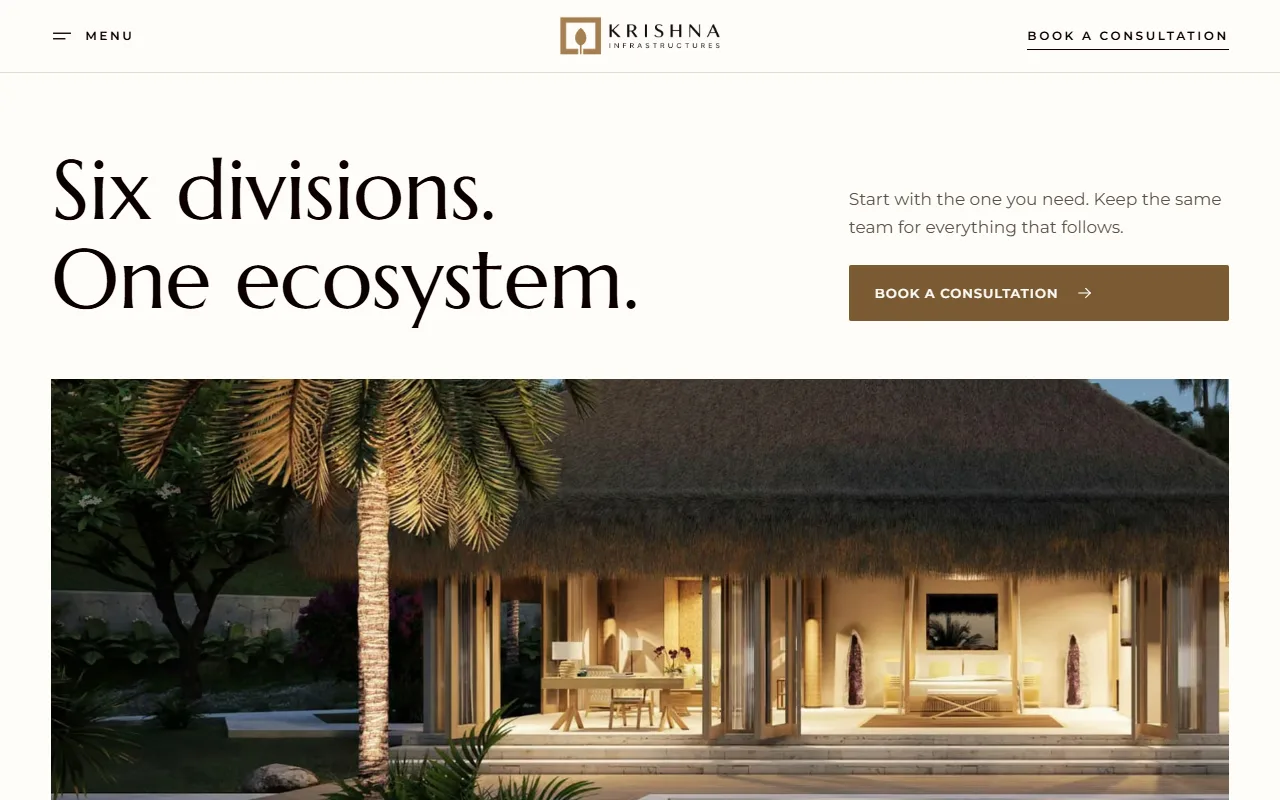 Krishna Infrastructures divisions page headed Six divisions, one ecosystem