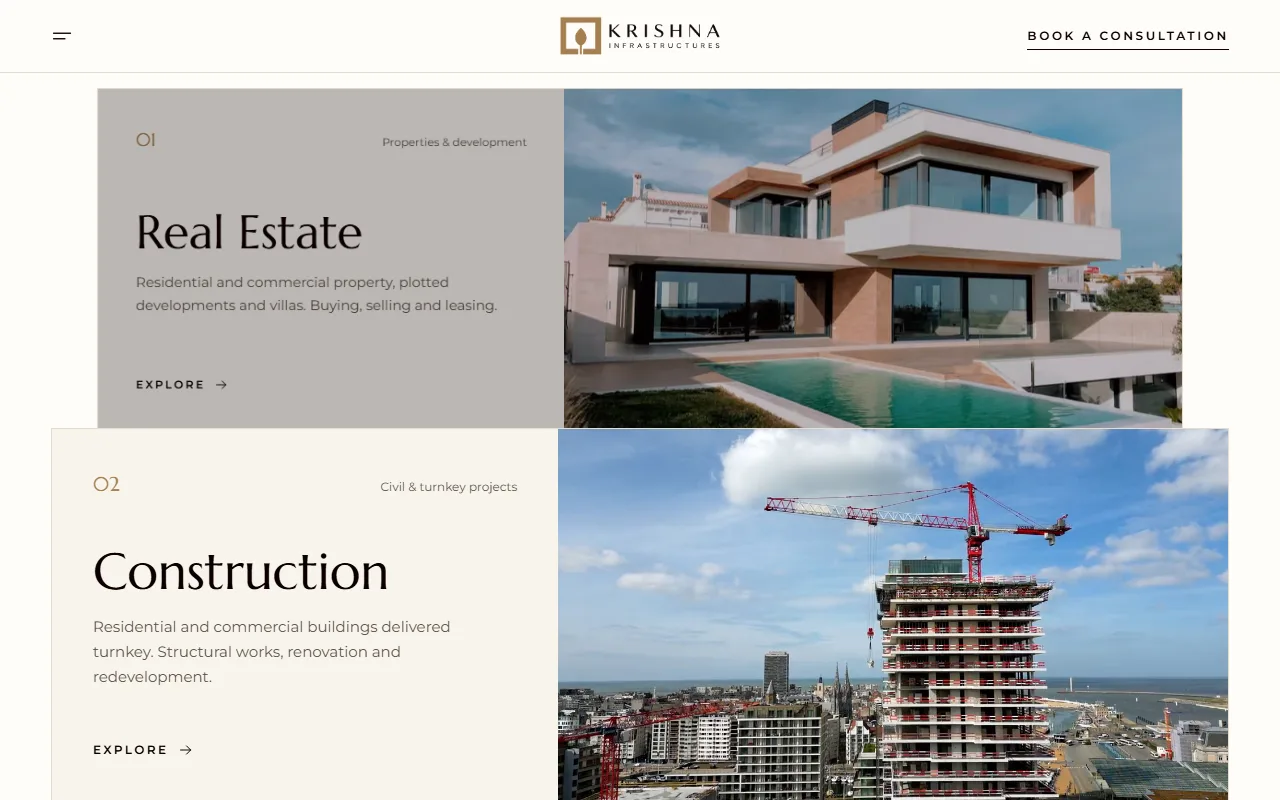 Krishna Infrastructures home page showing the Real Estate and Construction divisions