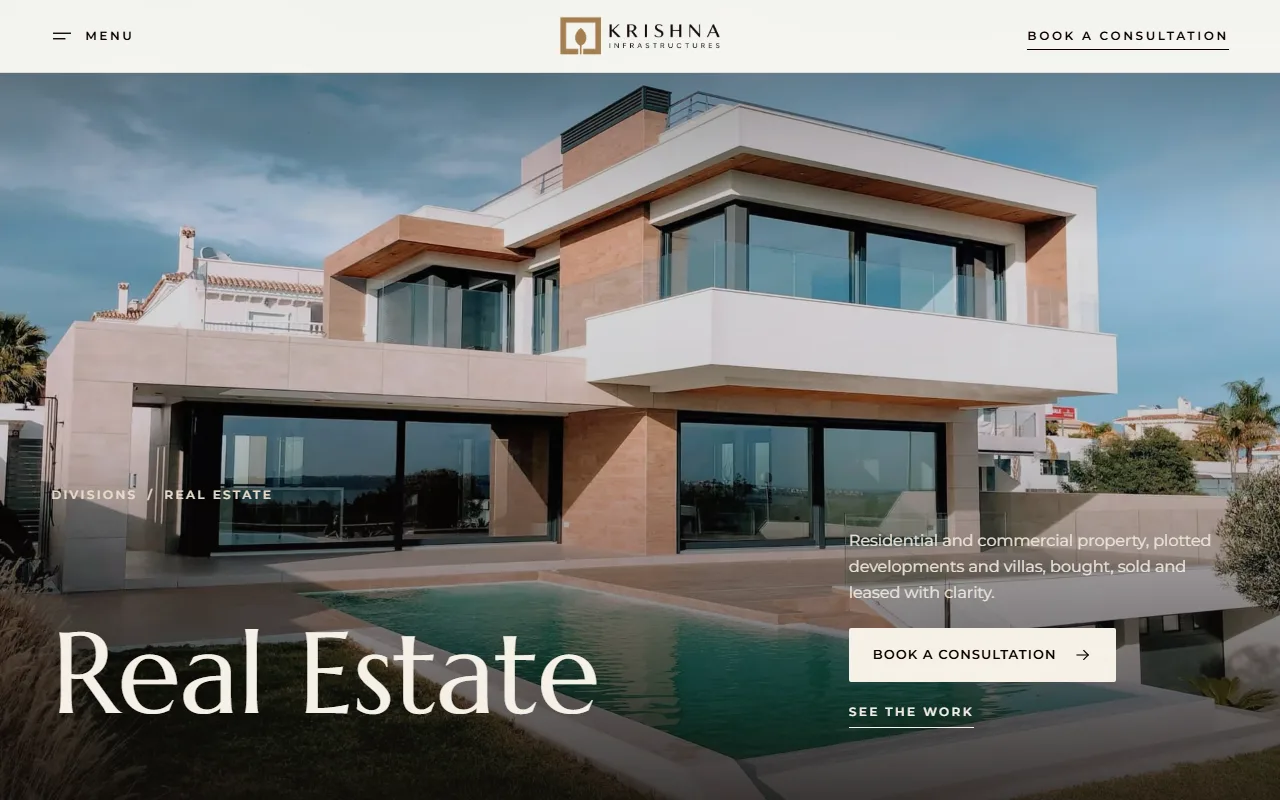 Krishna Infrastructures Real Estate division page with a modern villa