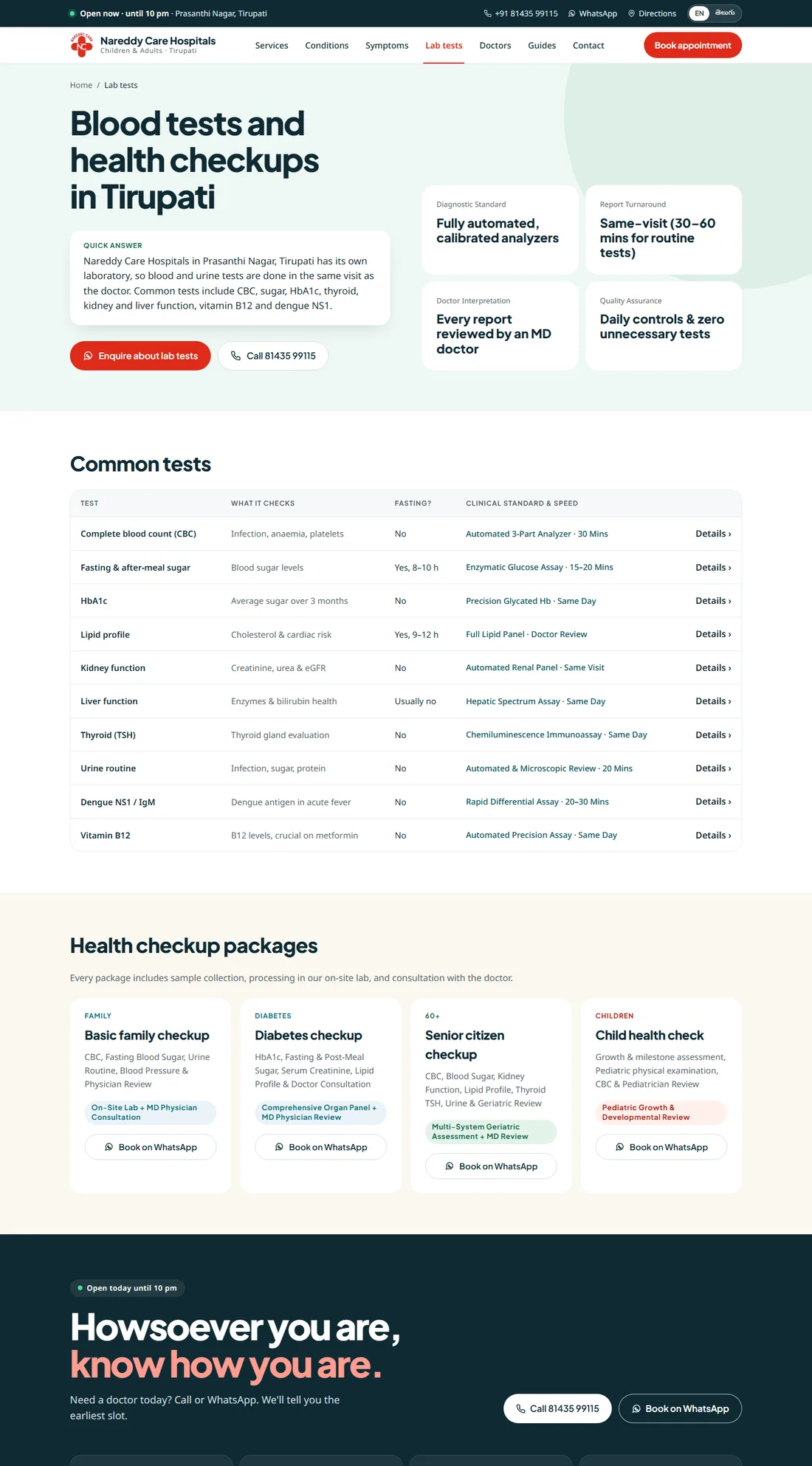Lab tests page listing the tests done in the hospital's own laboratory